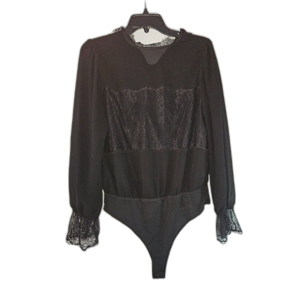 Gothiccore Black Long Sleeve Lace Trim High Neck Blouse Bodysuit Medium